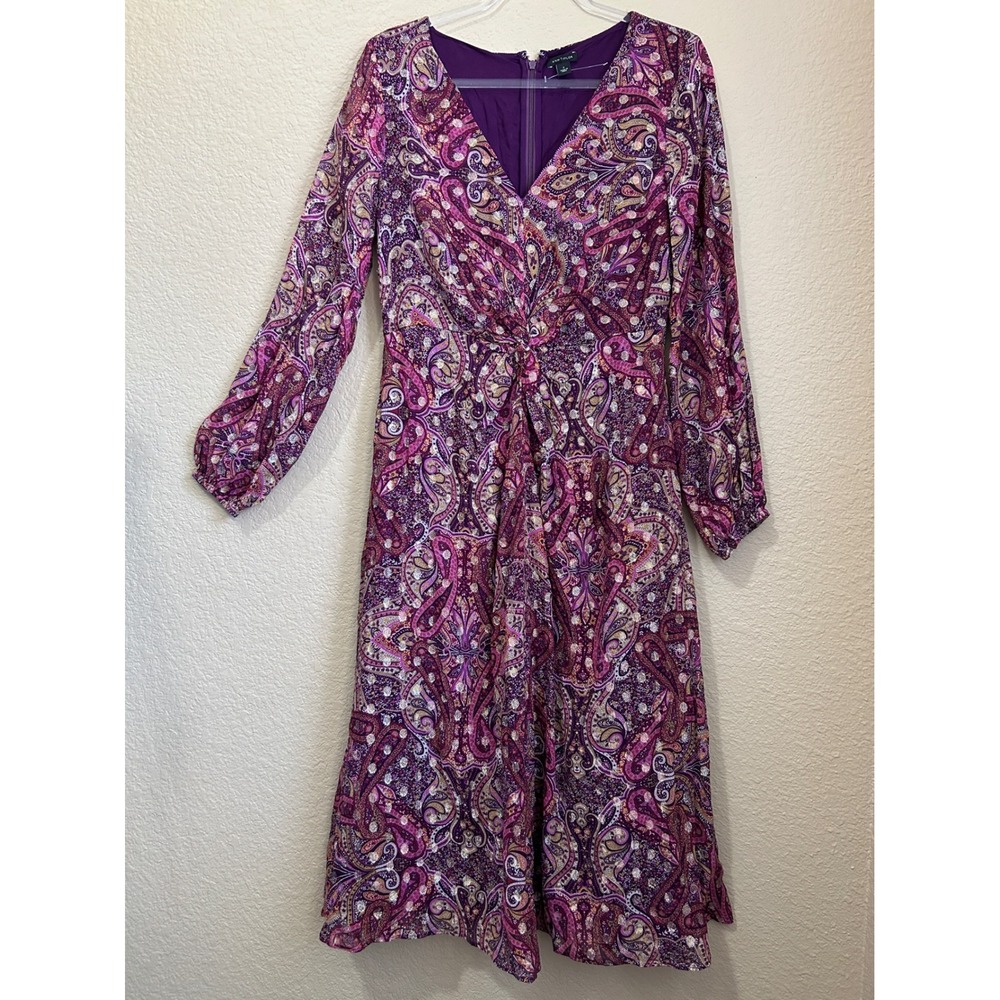 Ann‎ Taylor Womens Purple Paisley Metallic Twist Front V-Neck Midi Dress Size 4